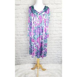 Vintage Vanity Fair Pink Purple Floral Nightgown Nightie Button Front Nylon